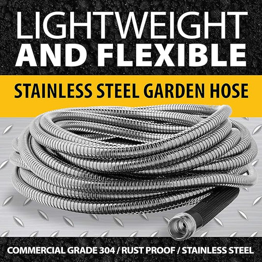 BIONIC STEEL 100 Ft Metal Garden Hose with Sprayer Nozzle, Non Kinking Designed Stainless Steel Heavy Duty Water Hose 100 Ft x 5/8 in. Flexible NON Expandable for Uninterrupted Water Flow, 500 PSI