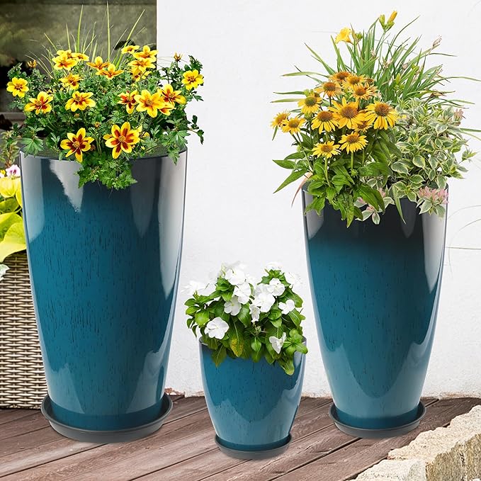 24-21-11 Inch Tall Planters Set of 3, Indoor Outdoor Blue Glossy Round Planter with Drainage Hole and Saucer, Large Decorative Plant Pots for Home Garden Porch
