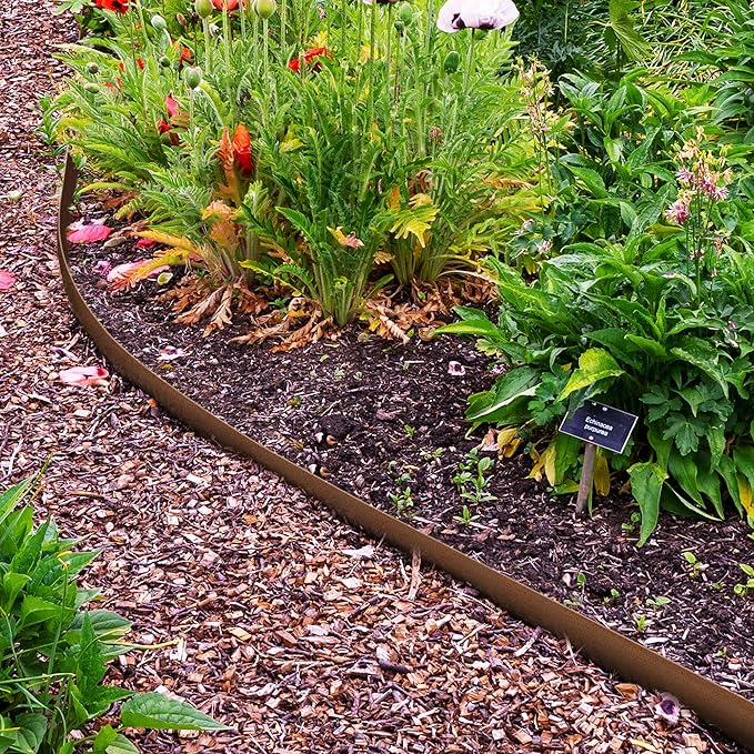 Worth Garden 10-Pack Corten Steel Landscape Lawn Edging - 4.5in H Rust Patina Finish Bendable Metal Strips - Hammer-in Pre-Rusted Border w/ 11 Clips - Yard Pathway Divider (33Ft Total)