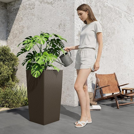 23in Tall Planter Set of 2, Large Self Watering Pots for Indoor/Outdoor Plants with Drain Holes, Water Level Monitor, Inner Bucket for Front Porch Patio, Brown Rattan
