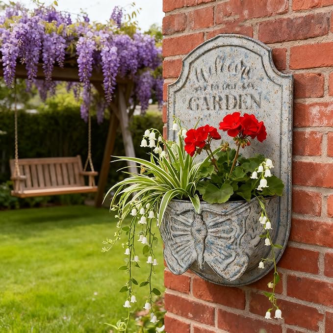 Rustic Metal Wall Planter with Butterfly Design, Welcome to Our Garden Hanging Flower Pot for Outdoor Indoor Decor, Vintage Galvanized Plant Holder for Patio, Porch, Garden