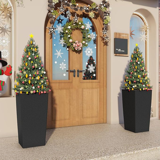 23in Tall Planter Set of 2, Large Self Watering Pots for Indoor/Outdoor Plants with Drain Holes, Water Level Monitor, Inner Bucket for Front Porch Patio, Black Rattan