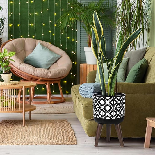 D'vine Dev 8 Inch Planter Pot with Stand, Mid-Century Tall Plant Pot with Legs for Indoor Plants, Small, White/Black, 88-G-A-4