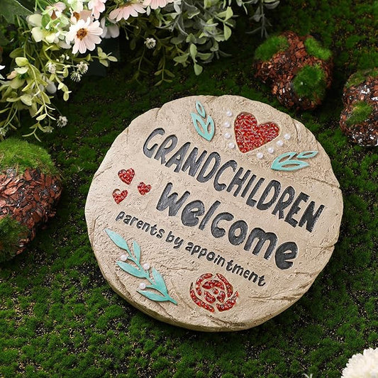 Grandchildren Welcome Stepping Stone - 10 Inch Resin Grandparents Gift, Spring Home Decoration for Lawn