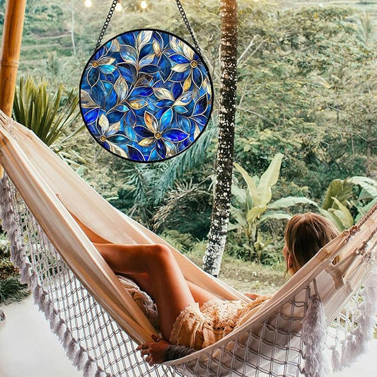 Stained Glass Window Hanging - Blue Gold Abstract Flowers Suncatcher for Door Terrace Garden Home Decor, Plant Sun Catcher Birthday Gifts for Lovers Women Men Dad Mom Nana 15 in