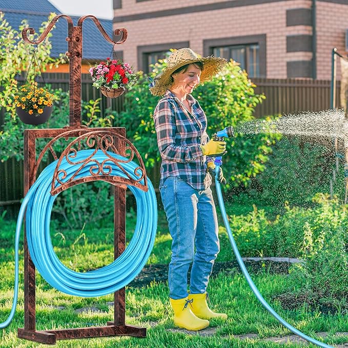 Garden Hose Holder Hanger Freestanding, Upgraded 4 Spikes Heavy Duty Storage Reel Stand with Shepherds Hooks, Holds 150ft Hose for Outside Garden Yard Lawn vegetable patch(Vintage Bronze)