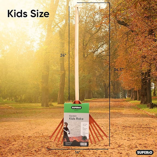 Pack of 2 Kids Rake with Hardwood Handle, Durable Plastic Head to Sweep Leaves in Lawn and Tidying Up The Garden, 34" (Orange)