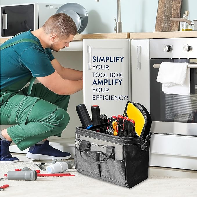 Olympia Tools Bag 12 Inch, Heavy Duty Tools Bag with 4 Large Pockets, Adjustable Shouder Straps and 600D Reinforced Material