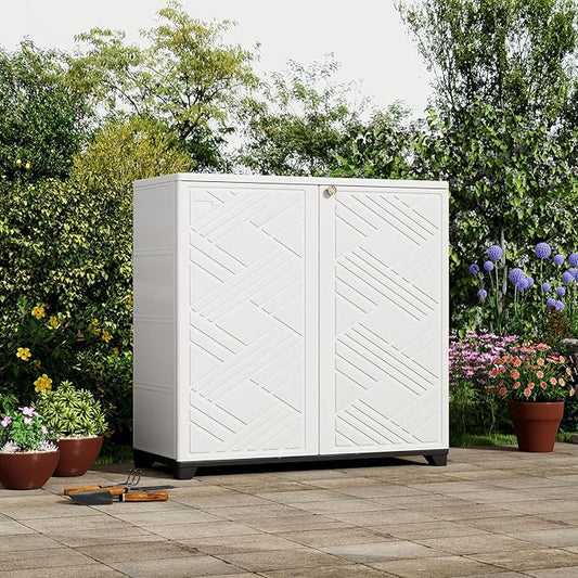 ZZM Indoor/Outdoor Storage Cabinet Waterproof, 34"x15"x34" Plastic Outdoor Storage Box for Garden Balcony Bathroom, All Weather Outdoor Storage Clearance, DIY Usage, with No Shelf (White)