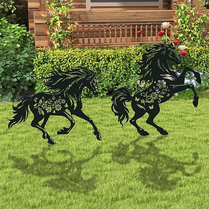 Horse Metal Garden Stakes Yard Decor, 2PCS Black Horse Silhouette Statues Garden Decorative Gifts for Yard Art, Patio, Outside, Lawn Ornaments Outdoor, Yard Art