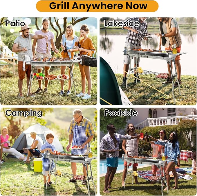 Portable Charcoal Grill, Large Stainless Steel Folding BBQ Grill with Storage Shelf, Foldable Barbecue Grill for Outdoor Cooking Camping Hiking Backyard Garden Picnic Parties Kabob (39x13.4x28 Inch)