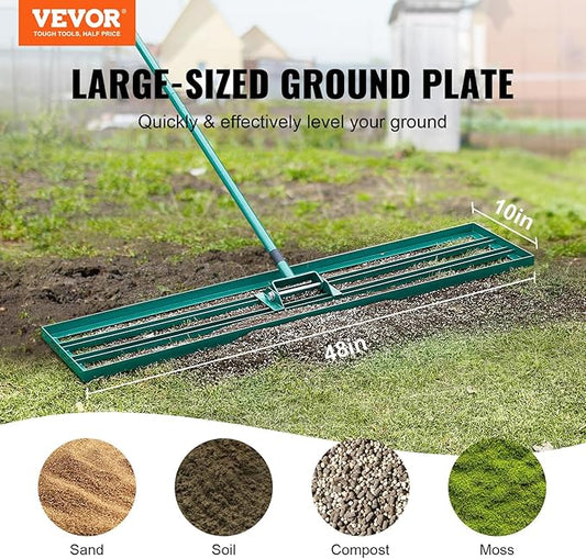 VEVOR Lawn Leveling Rake, 48""x10"" Level Lawn Tool, Heavy-Duty Lawn Leveler with 78"" Steel Extended Handle, Yard Leveling Rake Suit for Garden, Golf Lawn, Farm, Green
