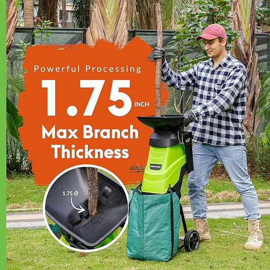 Electric Wood Chipper & Mulcher – 15A Powerful Garden Shredder for Branches, Leaves & Yard Waste – Compact, Quiet & Easy to Use with Collection Bag