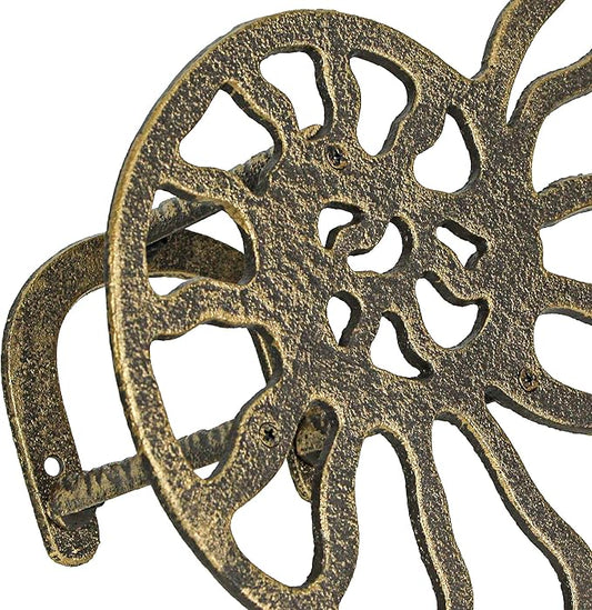 12-Inch Bronze Finish Cast Iron Nautilus Seashell Decorative Hose Holder: Wall-Mounted Outdoor Nautical Décor for Stylish and Functional Garden Organization
