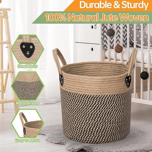 14"x12" Natural Jute Rope Woven Storage Basket with Handles for Plant, Blankets,Toys,Clothes,Shoes - Living Room Home Decor,Multifunctional Basket for Organizer,Picnic,Artificial Tree