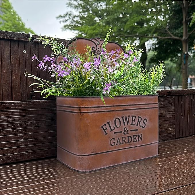 CVHOMEDECO. Farmhouse Metal Wall Planter Rustic Galvanized Flower Holder Wall Mount Flower pots for Indoor, Outdoor and Wall Decor, Set of 2 (Rusty)