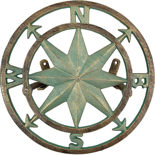 Verdigris Green Finish Cast Iron Nautical Compass Rose Wall Mounted Decorative Hanging Garden Hose Hanger - Hose Holder Organizer for Outdoor Spaces - 12 Inches in Diameter