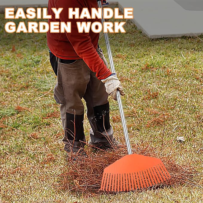 Leaf Rake16.5 Wide Adjustable Handle Leaf Rake - Plastic Head, Lightweight, Soft & Lawn-Friendly - Ideal for Women & Kids - Orange