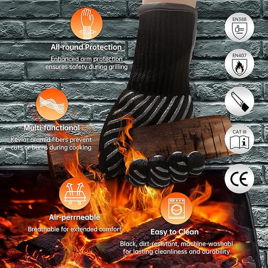 HandLove BBQ Gloves, Oven Gloves with Fingers –1472℉ Heat Resistant Gloves for Grilling | Aramid Retardant Non-Slip Grip, Bamboo-Lining Fire, Black,L