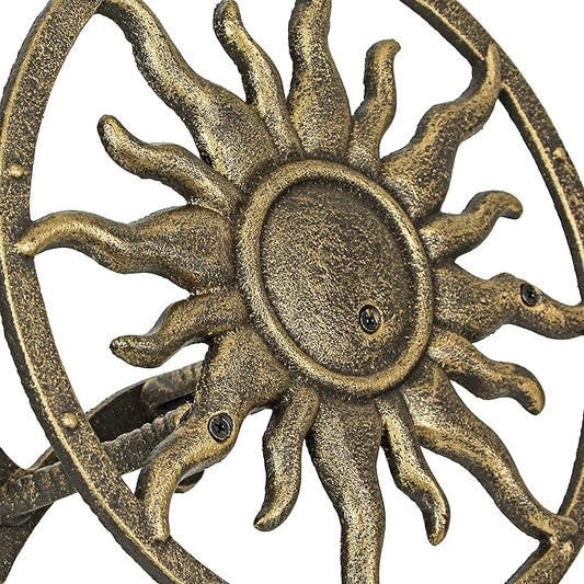 Bronze Finish Cast Iron Sun Wall Mounted Hanging Garden Hose Hanger Celestial Outdoor Decor - Weather Resistant - Easy Install Hose Holder - 11.5 Inches in Diameter