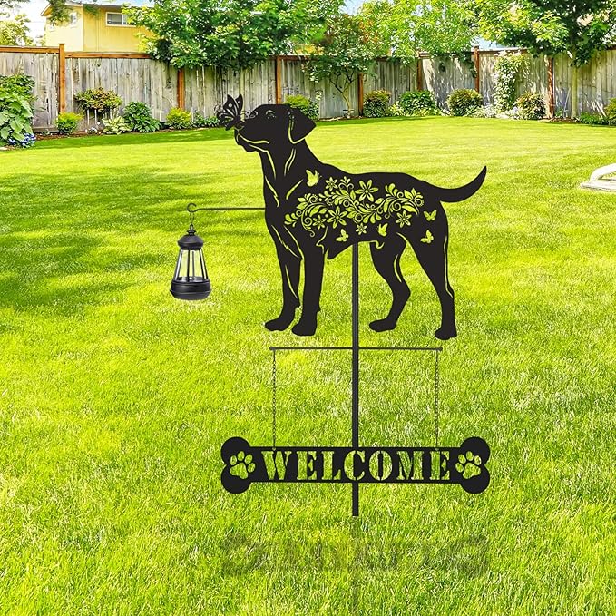 Labrador Metal Garden Stakes Yard Decor with a Lantern, Black Labrador Silhouette Statues Garden Decorative Gifts for Yard Art, Patio, Outside, Lawn Ornaments, Christmas, Backyard