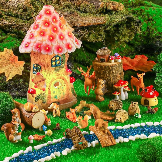 Unittype 33 Pcs Squirrel Garden Accessories Miniature Squirrel Figurines Tiny Resin Bridge Mushroom Pine Nuts Miniature Garden Kit for Craft Decoration
