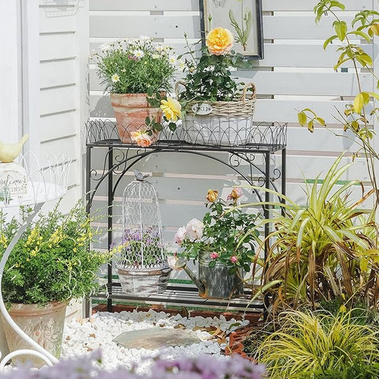 Black Long Double-Layer Plant Shelf, French Courtyard Style Metal Stand for Tall Potted Plants, Sturdy Indoor Outdoor Planter Holder Garden Decor