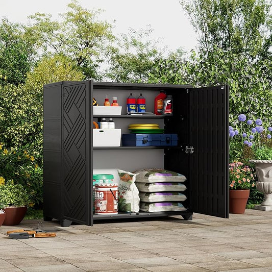 ZZM Indoor/Outdoor Storage Cabinet Waterproof, 34"x15"x34" Plastic Outdoor Storage Box for Garden Balcony Bathroom, All Weather Outdoor Storage Clearance, DIY Usage, with 2 Shelf (Black)