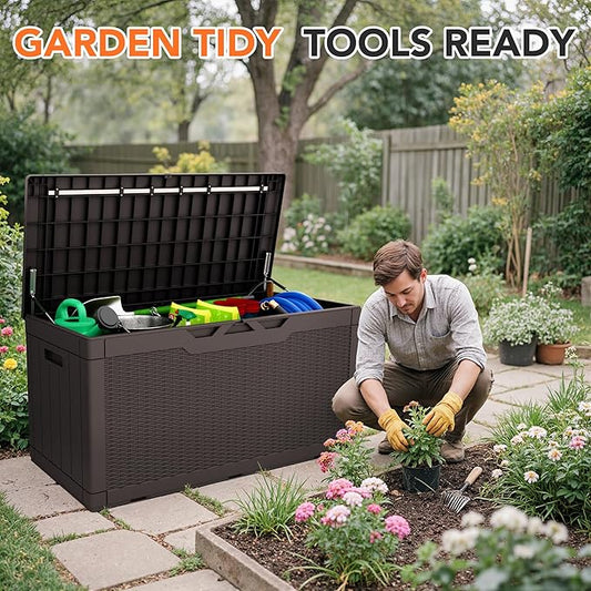 105 Gallon Deck Box Outdoor Indoor Waterproof Storage Box for Patio Furniture, Pool Accessories, Garden Tools, and Cushion Storage, Brown
