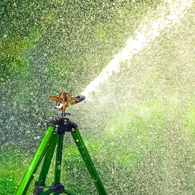 Impact Sprinkler on Tripod Base, Tripod Sprinklers with Brass Head, 360 Degree Large Area Irrigation with Extension Legs Flip Locks, Heavy Duty 3/4" Connector for Lawn Yard Garden