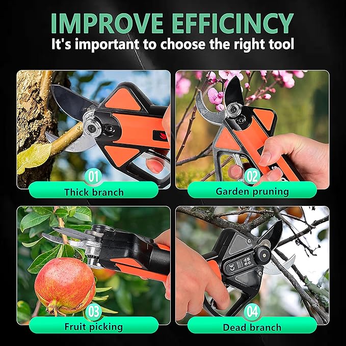 Cordless Electric Pruning Shears with LCD Display, 16.8V Brushless Motor, 1.2" Adjustable Cutting Diameter, 2×2600mAh Rechargeable Batteries, SK5 Rust-Resistant Blade, Garden Tree Branch Cutter