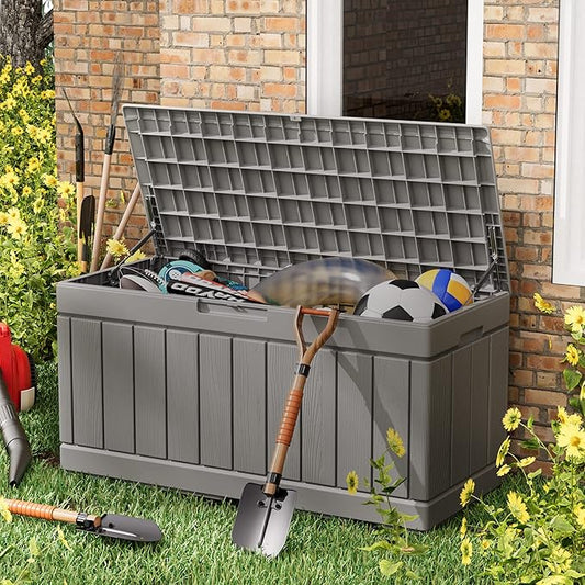 Greesum 82 Gallon Resin Deck Box All Weather Large Outdoor Storage for Patio Furniture, Toys, Garden Tools, Lockable, Dark Gray