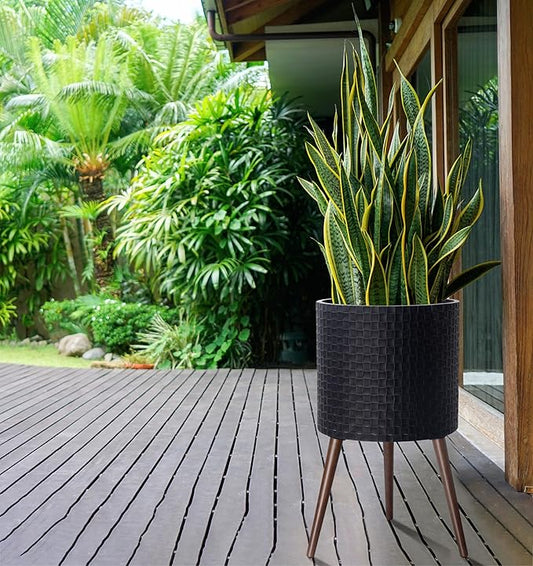 D'vine Dev 16 Inch Modern Geometric Tile Patterned Sleek Planter Pot with Stand, Indoor Outdoor Decorative Plant Holder, Distressed Black, 88-Z-E-5