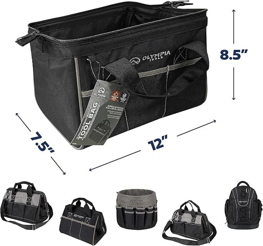 Olympia Tools Tool Bag 12 Inch, Heavy Duty Tools Bag with 3 Large Pockets, Adjustable Shouder Straps and 600D Reinforced Material
