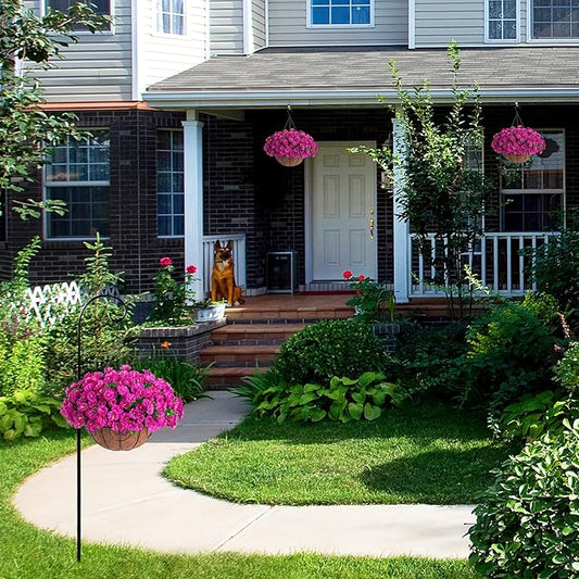 Artificial Hanging Flower Plants with Basket for Outdoor Decoration, Faux Petunias Flowers Fake Morning Glory Planter for Outside Patio Garden Porch Balcony Yard Decor(Fuchsia)