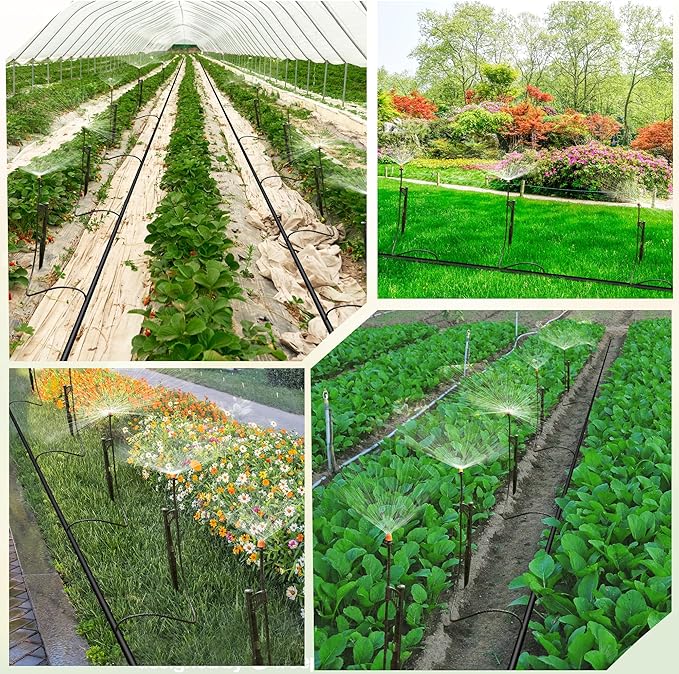 20 Sets 180 Degree Irrigation Sprinkler Heads with Stake Drip Micro Spray Emitters with 1/4" Irrigation Tubing on Riser Stake Micro Spray Sprinkler Stake Assembly for Garden Watering System