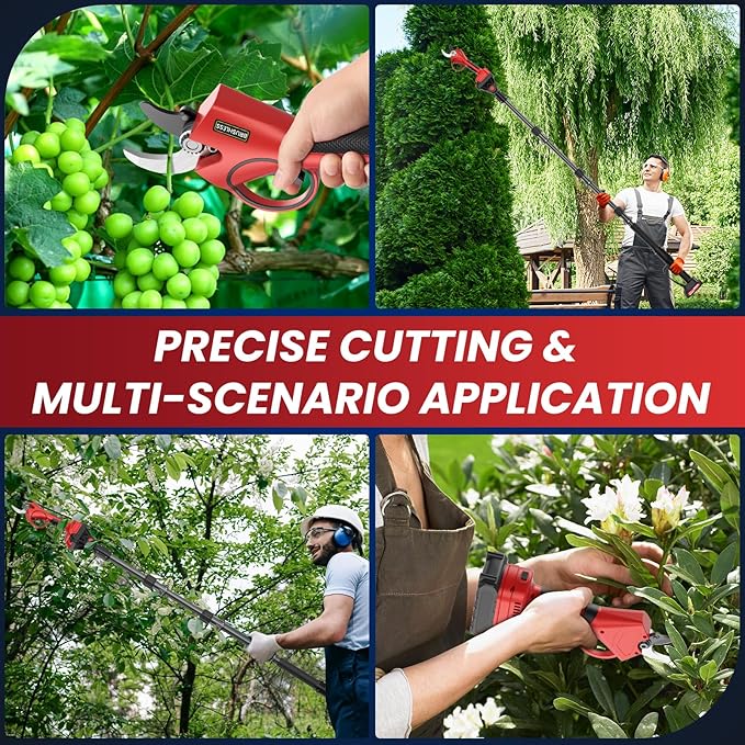 Electric Pruning Shears with Pole, 2-in-1 Cordless Pruning Shears 1.6" with SK7 Blade,8FT Reach,800W Brushless Motor,2 x 21V 2000 mAh Batteries,6â10Hs,Tree Branch Cutter for Gardening Pruning