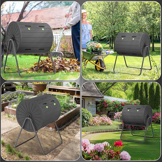 Dual Chamber Tumbling Composter 43 Gallon Large Outdoor Tumbling Composter Efficient Batch Composting Easy Turn Design (Black)
