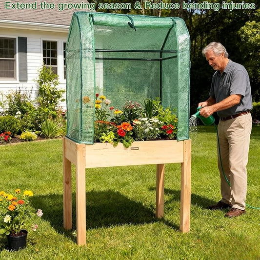 Raised Garden Bed with Greenhouse Cover,Elevated Wood Planter Box with Legs & Non-Woven Liner,34" L x18 W x 66" H Indoor Outdoor Gardening Bed for Vegetables, Herbs, Flowers
