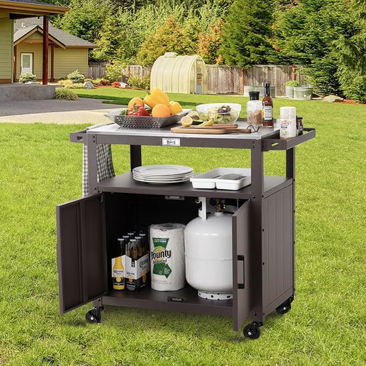 Outdoor Grill Cart with Stainless Steel Tabletop and Storage Cabinet, Movable Kitchen Island with Wheels for BBQ Food Prep, Brown