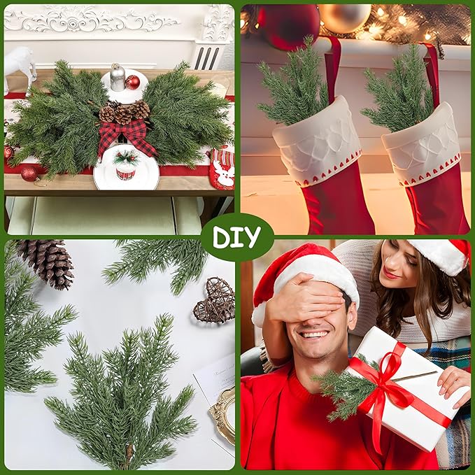 Artgar 24 Pcs Christmas Pine Branches - 18" Realistic Artificial Greenery Pine Stems - Real Touch Faux Cedar Picks for Vase, DIY Garland Wreath Home Indoor Outdoor Xmas Decorations