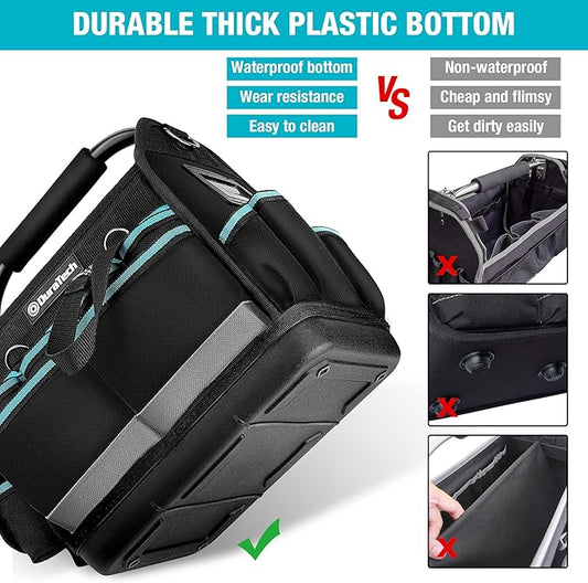 DURATECH 12 Inch Tool Tote with Waterproof Hard Bottom, Electrician Tool Bag with Rotating Handle, Open Top Tool Bag Wide Mouth Multi-Pockets, Tool Carrier for Mechanic Plumber Electrician HVAC