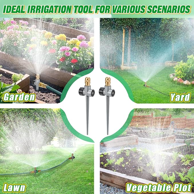 2 Pack Metal Lawn Sprinklers for Yard - 360° Coverage Water Sprinklers, Adjustable Brass Nozzle with Aluminum Alloy Spike Base for Small Medium Garden Irrigation