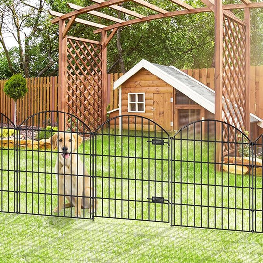 Metal Garden Fence with Gate 36in (H) x 23.3ft (L), 1 Gate+ 9 Panels Dog Fence Border Fence Animal Barrier, No Dig Garden Fencing for Yard Flower Bed Lawn Patio Outdoor, ECG3610, Black