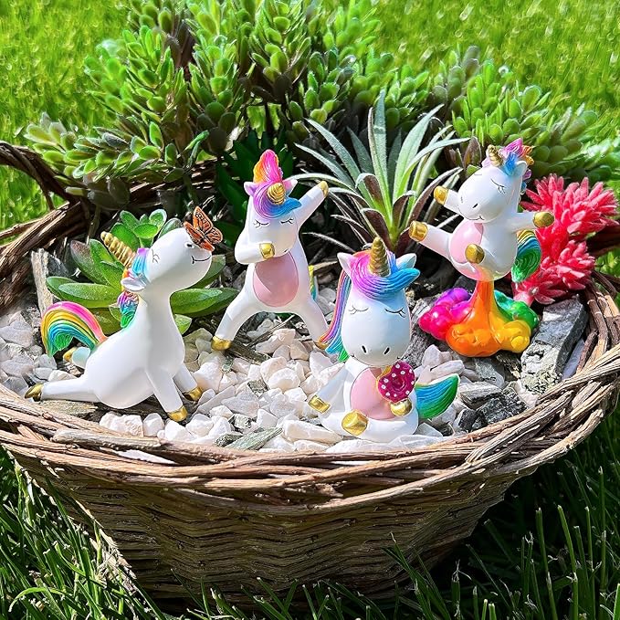 Mood Lab Miniature Unicorn Figurines Set - Funny Mini Statue Kit of 4 pcs - Unicorn Fairy Garden Accessories