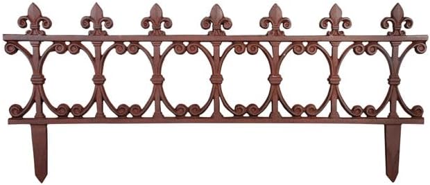 Esschert Design Finial Garden Fence, Rust Brown Cast Iron, 14" H x 32" W, Pack of 4 Decorative Fence Sections with Fleur-de-Lis Finials for Garden Edging and Walkway Borders