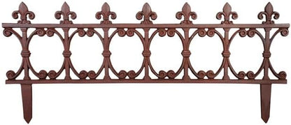 Esschert Design Finial Garden Fence, Rust Brown Cast Iron, 14" H x 32" W, Pack of 4 Decorative Fence Sections with Fleur-de-Lis Finials for Garden Edging and Walkway Borders