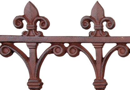 Esschert Design Finial Garden Fence, Rust Brown Cast Iron, 14" H x 32" W, Pack of 4 Decorative Fence Sections with Fleur-de-Lis Finials for Garden Edging and Walkway Borders