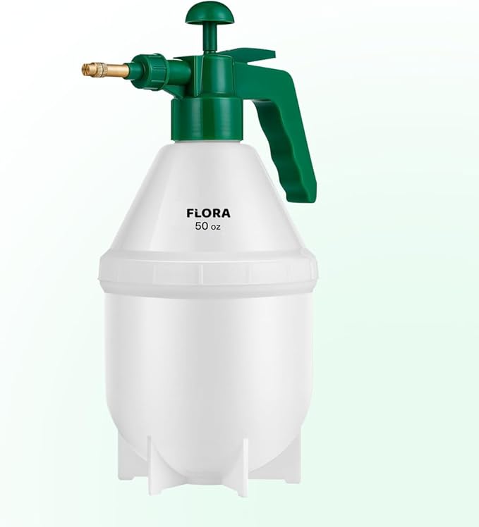 Flora Handheld Garden Pump Sprayer, 0.4 Gallon (50 oz/1.5L) Pressure Water Bottle with Adjustable Brass Nozzle, for Plants, Lawn, and Cleaning (Green) or (Red)