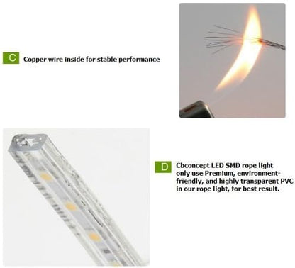 CBconcept 30 Feet RGB Color Changing 120 Volt High Output LED SMD5050 Flexible Flat LED Strip Rope Light - [Christmas Lighting, Indoor/Outdoor Rope Lighting, Ceiling Light, Kitchen Lighting]